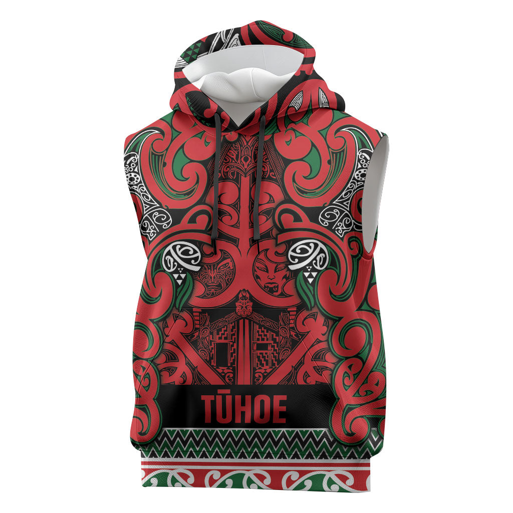 Aotearoa Iwi Tuhoe Sleeveless Hoodie Maori Wharenui House Tribal Pattern LT9 Green Red - Polynesian Pride