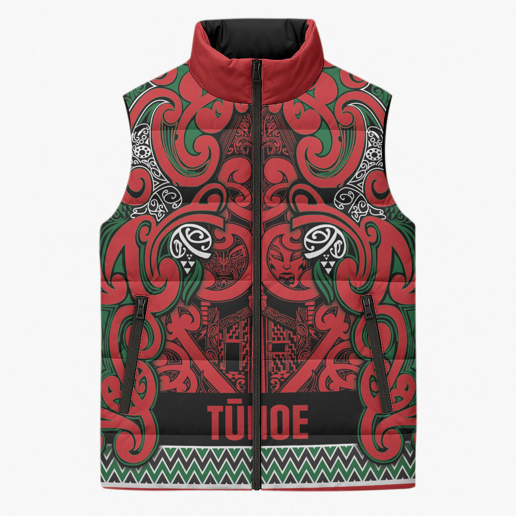 Aotearoa Iwi Tuhoe Sleeveless Puffer Jacket Maori Wharenui House Tribal Pattern LT9 Unisex Green Red - Polynesian Pride
