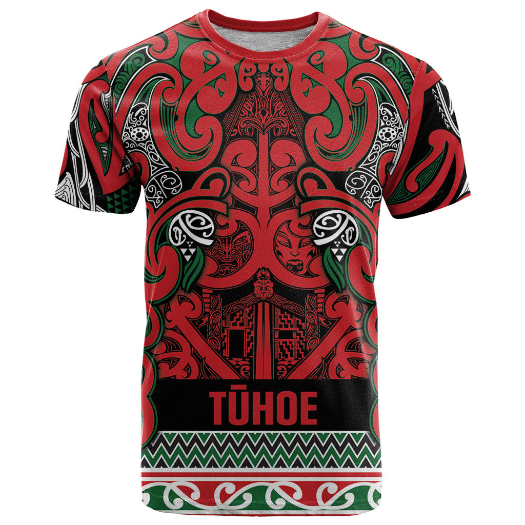 Aotearoa Iwi Tuhoe T Shirt Maori Wharenui House Tribal Pattern LT9 Green Red - Polynesian Pride