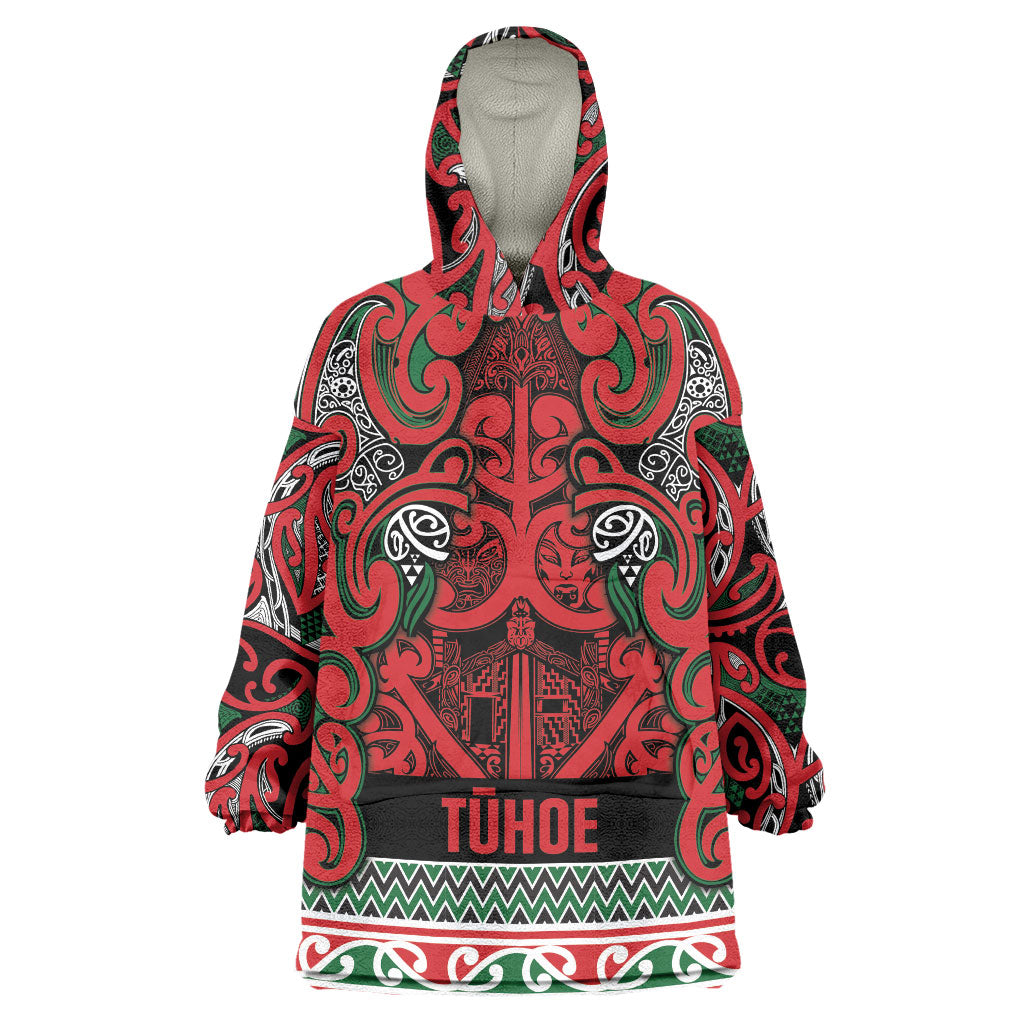 Aotearoa Iwi Tuhoe Wearable Blanket Hoodie Maori Wharenui House Tribal Pattern LT9 One Size Green Red - Polynesian Pride
