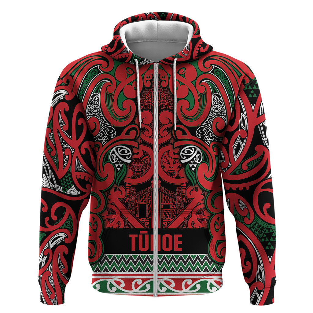 Aotearoa Iwi Tuhoe Zip Hoodie Maori Wharenui House Tribal Pattern LT9 Zip Hoodie Green Red - Polynesian Pride