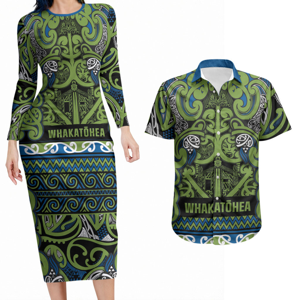 Aotearoa Iwi Whakatohea Couples Matching Long Sleeve Bodycon Dress and Hawaiian Shirt Maori Wharenui House Tribal Pattern LT9 Olive green - Polynesian Pride
