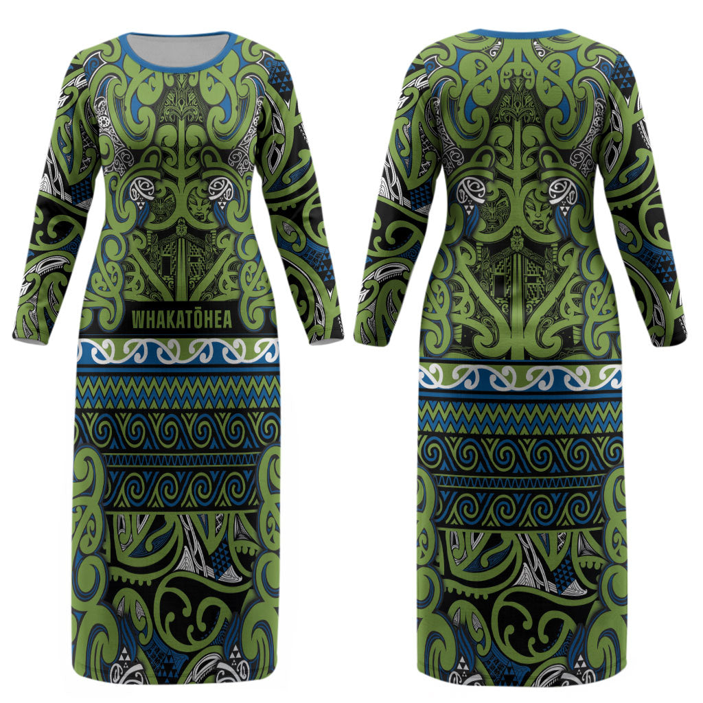 Aotearoa Iwi Whakatohea Couples Matching Long Sleeve Bodycon Dress and Hawaiian Shirt Maori Wharenui House Tribal Pattern LT9 - Polynesian Pride