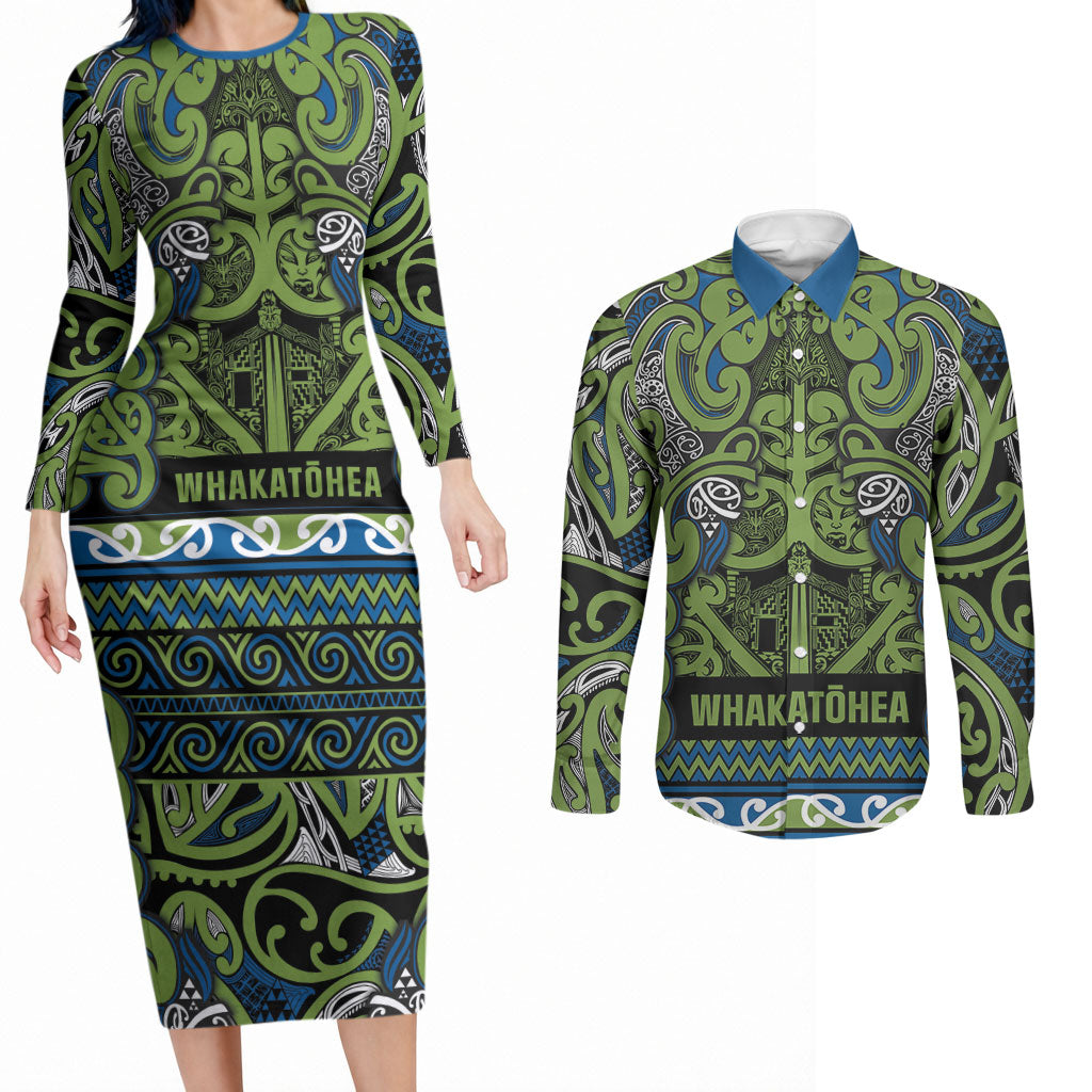 Aotearoa Iwi Whakatohea Couples Matching Long Sleeve Bodycon Dress and Long Sleeve Button Shirt Maori Wharenui House Tribal Pattern LT9 Olive green - Polynesian Pride