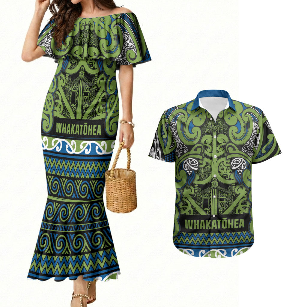 Aotearoa Iwi Whakatohea Couples Matching Mermaid Dress and Hawaiian Shirt Maori Wharenui House Tribal Pattern LT9 Olive green - Polynesian Pride
