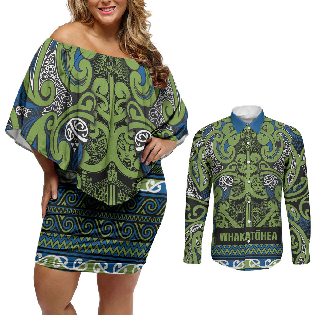 Aotearoa Iwi Whakatohea Couples Matching Off Shoulder Short Dress and Long Sleeve Button Shirt Maori Wharenui House Tribal Pattern LT9 Olive green - Polynesian Pride