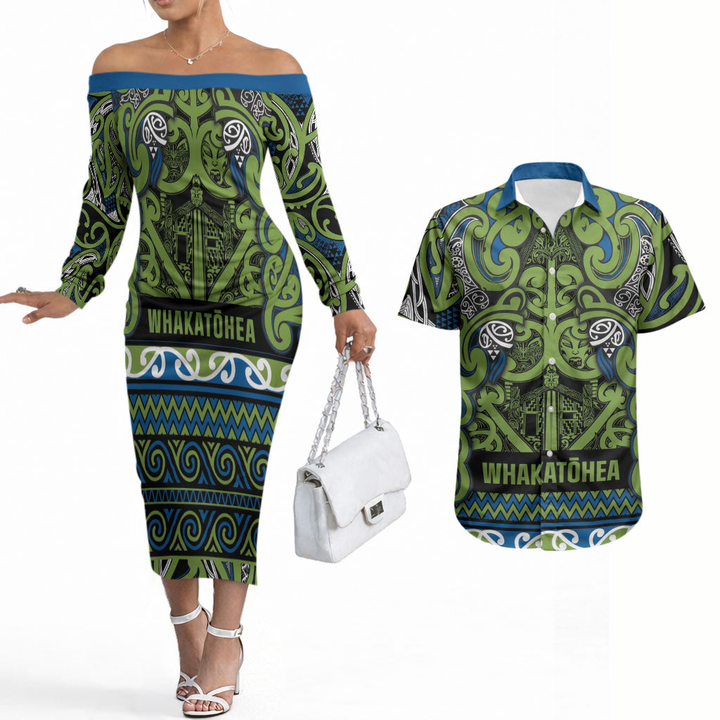Aotearoa Iwi Whakatohea Couples Matching Off The Shoulder Long Sleeve Dress and Hawaiian Shirt Maori Wharenui House Tribal Pattern LT9 Olive green - Polynesian Pride