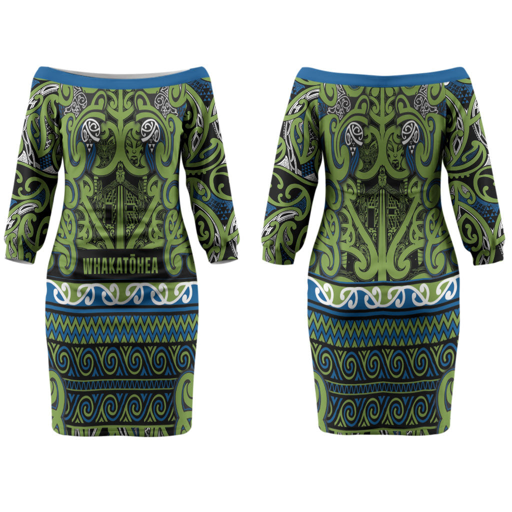 Aotearoa Iwi Whakatohea Couples Matching Off The Shoulder Long Sleeve Dress and Hawaiian Shirt Maori Wharenui House Tribal Pattern LT9 - Polynesian Pride