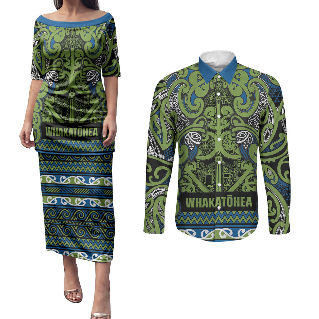 Aotearoa Iwi Whakatohea Couples Matching Puletasi and Long Sleeve Button Shirt Maori Wharenui House Tribal Pattern LT9 Olive green - Polynesian Pride