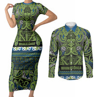 Aotearoa Iwi Whakatohea Couples Matching Short Sleeve Bodycon Dress and Long Sleeve Button Shirt Maori Wharenui House Tribal Pattern LT9 Olive green - Polynesian Pride