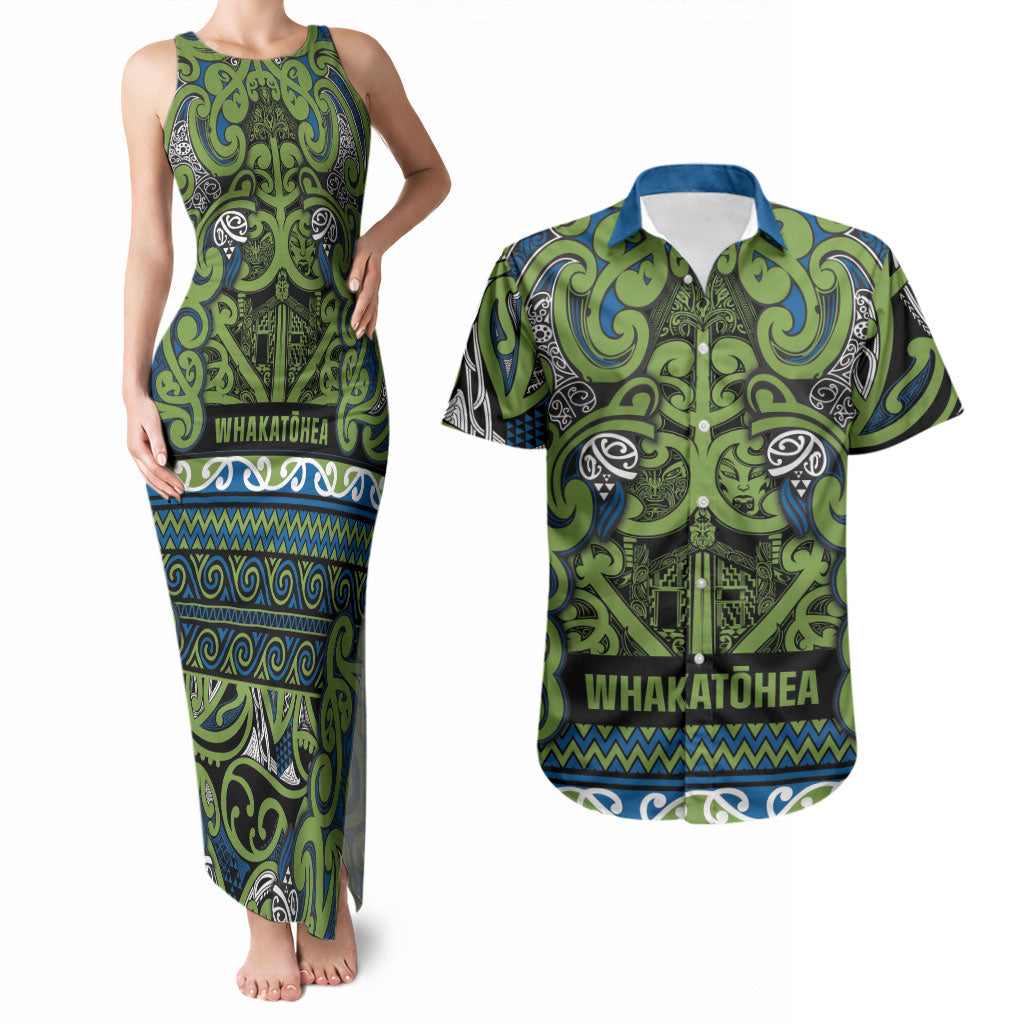 Aotearoa Iwi Whakatohea Couples Matching Tank Maxi Dress and Hawaiian Shirt Maori Wharenui House Tribal Pattern LT9 Olive green - Polynesian Pride