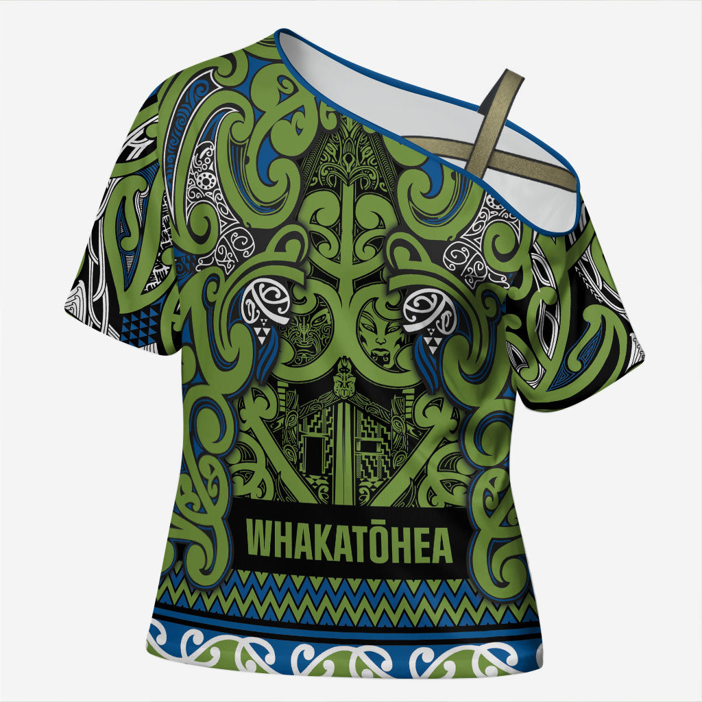 Aotearoa Iwi Whakatohea Cross Shoulder Shirt Maori Wharenui House Tribal Pattern LT9 Female Olive green - Polynesian Pride
