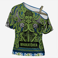 Aotearoa Iwi Whakatohea Cross Shoulder Shirt Maori Wharenui House Tribal Pattern LT9 Female Olive green - Polynesian Pride
