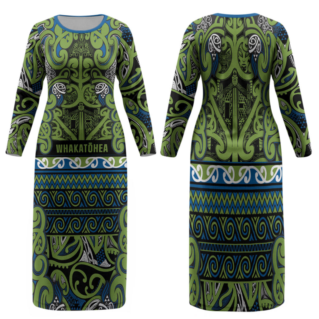 Aotearoa Iwi Whakatohea Family Matching Long Sleeve Bodycon Dress and Hawaiian Shirt Maori Wharenui House Tribal Pattern LT9 Mom's Dress Olive green - Polynesian Pride