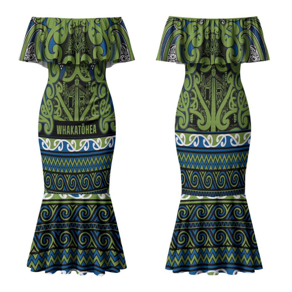 Aotearoa Iwi Whakatohea Family Matching Mermaid Dress and Hawaiian Shirt Maori Wharenui House Tribal Pattern LT9 Mom's Dress Olive green - Polynesian Pride