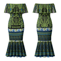 Aotearoa Iwi Whakatohea Family Matching Mermaid Dress and Hawaiian Shirt Maori Wharenui House Tribal Pattern LT9 Mom's Dress Olive green - Polynesian Pride