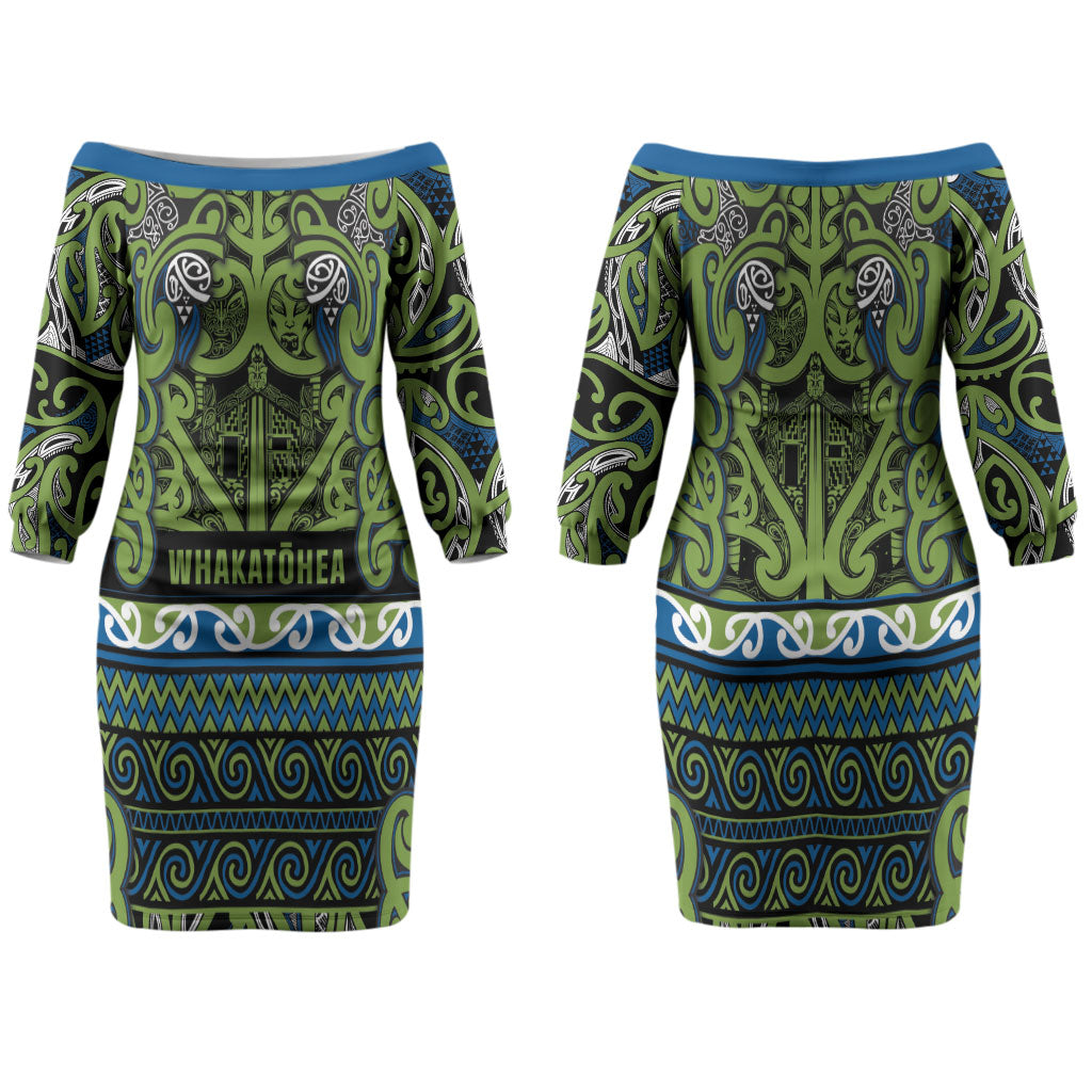 Aotearoa Iwi Whakatohea Family Matching Off The Shoulder Long Sleeve Dress and Hawaiian Shirt Maori Wharenui House Tribal Pattern LT9 Mom's Dress Olive green - Polynesian Pride