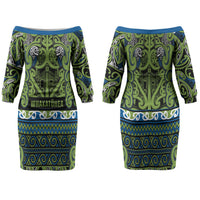 Aotearoa Iwi Whakatohea Family Matching Off The Shoulder Long Sleeve Dress and Hawaiian Shirt Maori Wharenui House Tribal Pattern LT9 Mom's Dress Olive green - Polynesian Pride