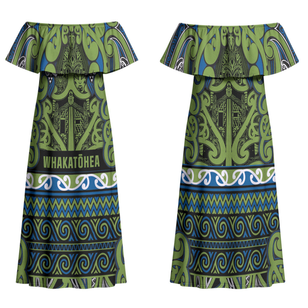 Aotearoa Iwi Whakatohea Family Matching Off Shoulder Maxi Dress and Hawaiian Shirt Maori Wharenui House Tribal Pattern LT9 Mom's Dress Olive green - Polynesian Pride