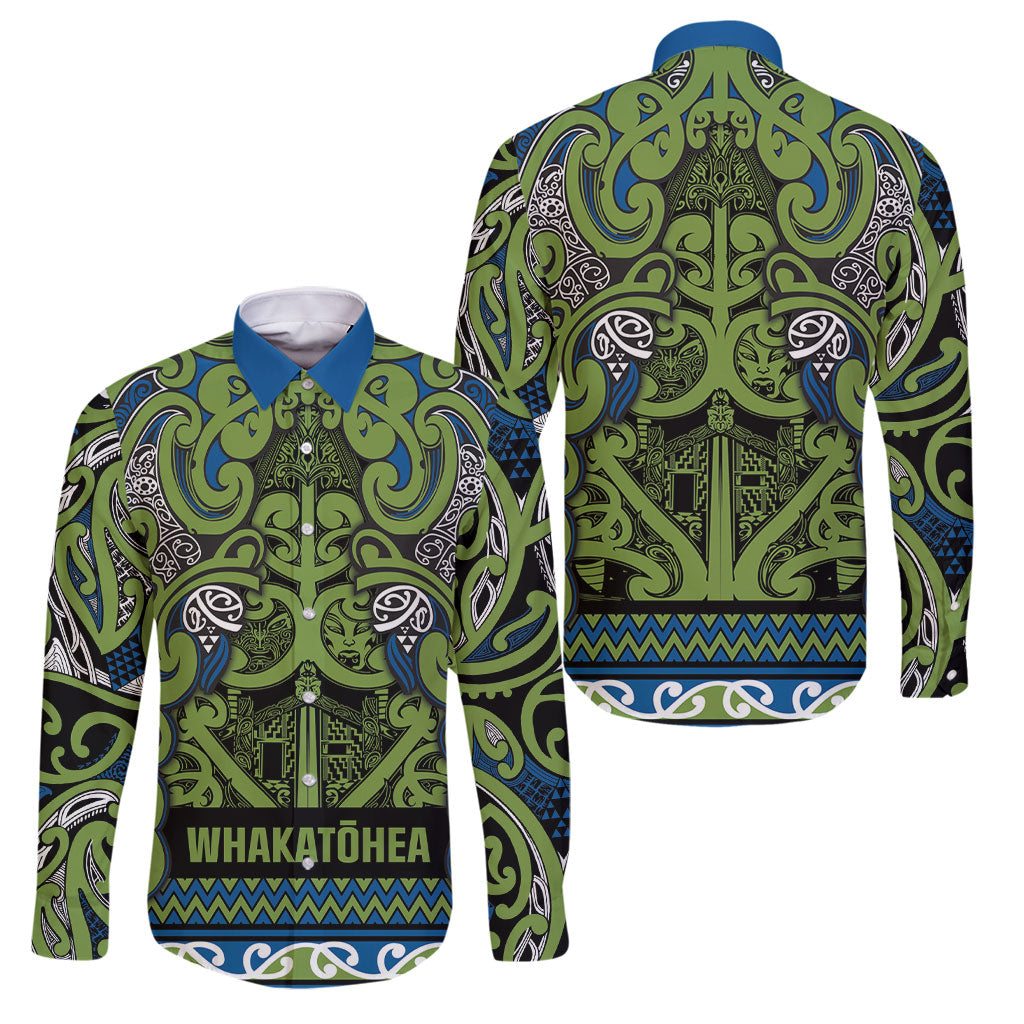 Aotearoa Iwi Whakatohea Family Matching Off Shoulder Maxi Dress and Hawaiian Shirt Maori Wharenui House Tribal Pattern LT9 Dad's Shirt - Long Sleeve Olive green - Polynesian Pride