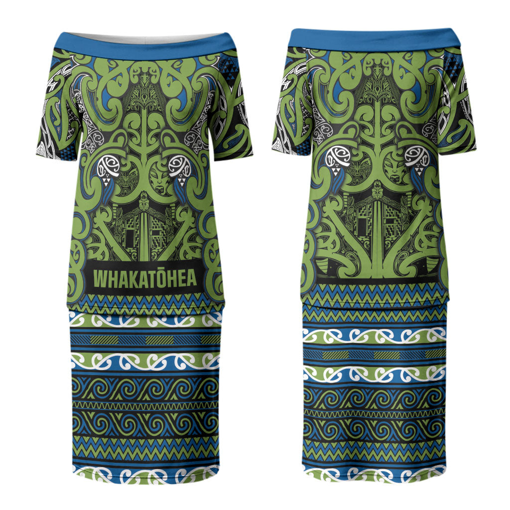 Aotearoa Iwi Whakatohea Family Matching Puletasi and Hawaiian Shirt Maori Wharenui House Tribal Pattern LT9 Mom's Dress Olive green - Polynesian Pride