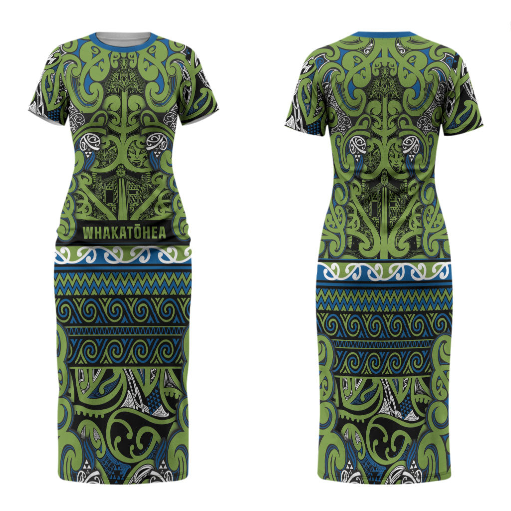Aotearoa Iwi Whakatohea Family Matching Short Sleeve Bodycon Dress and Hawaiian Shirt Maori Wharenui House Tribal Pattern LT9 Mom's Dress Olive green - Polynesian Pride
