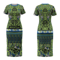 Aotearoa Iwi Whakatohea Family Matching Short Sleeve Bodycon Dress and Hawaiian Shirt Maori Wharenui House Tribal Pattern LT9 Mom's Dress Olive green - Polynesian Pride