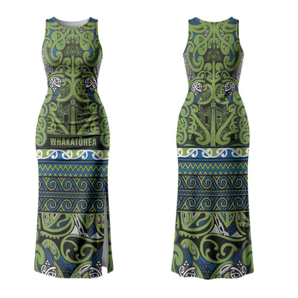 Aotearoa Iwi Whakatohea Family Matching Tank Maxi Dress and Hawaiian Shirt Maori Wharenui House Tribal Pattern LT9 Mom's Dress Olive green - Polynesian Pride