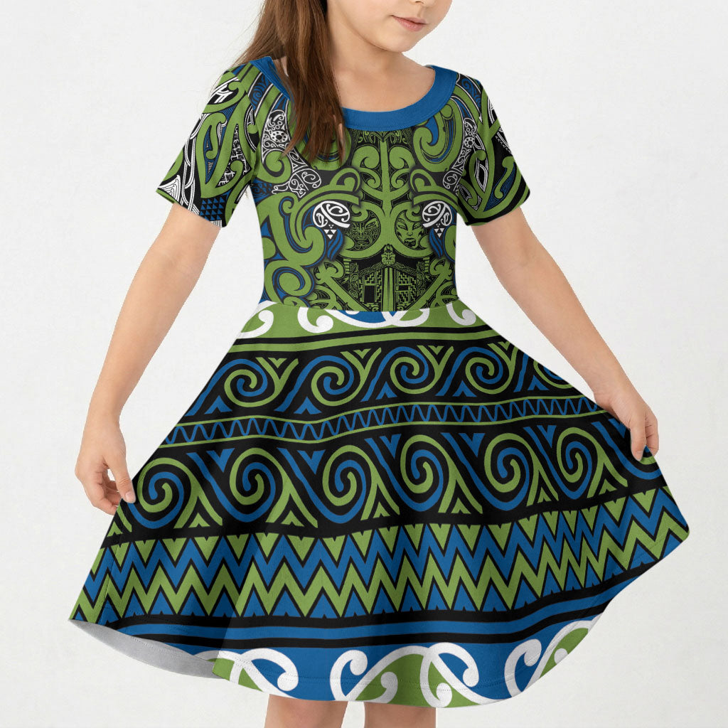 Aotearoa Iwi Whakatohea Kid Short Sleeve Dress Maori Wharenui House Tribal Pattern LT9 KID Olive green - Polynesian Pride