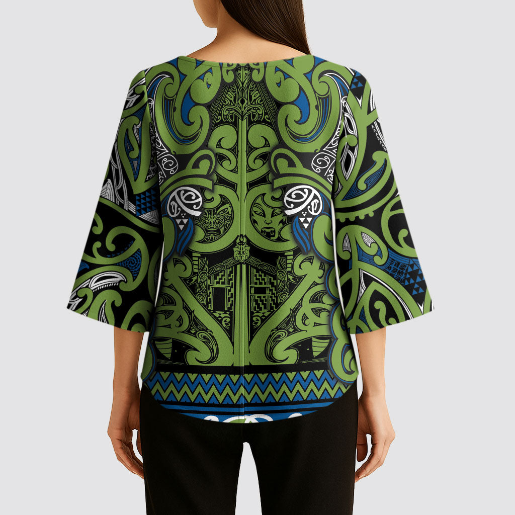 Aotearoa Iwi Whakatohea Kimono Sleeve Blouse Maori Wharenui House Tribal Pattern LT9 - Polynesian Pride