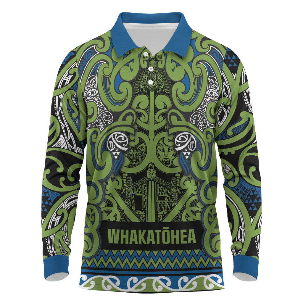 Aotearoa Iwi Whakatohea Long Sleeve Polo Shirt Maori Wharenui House Tribal Pattern LT9 Olive green - Polynesian Pride