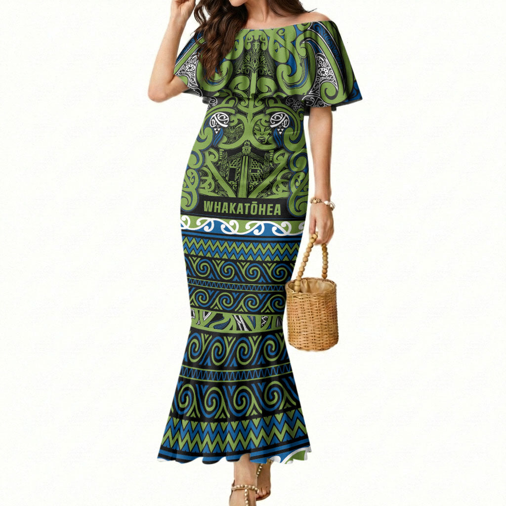 Aotearoa Iwi Whakatohea Mermaid Dress Maori Wharenui House Tribal Pattern LT9 Women Olive green - Polynesian Pride