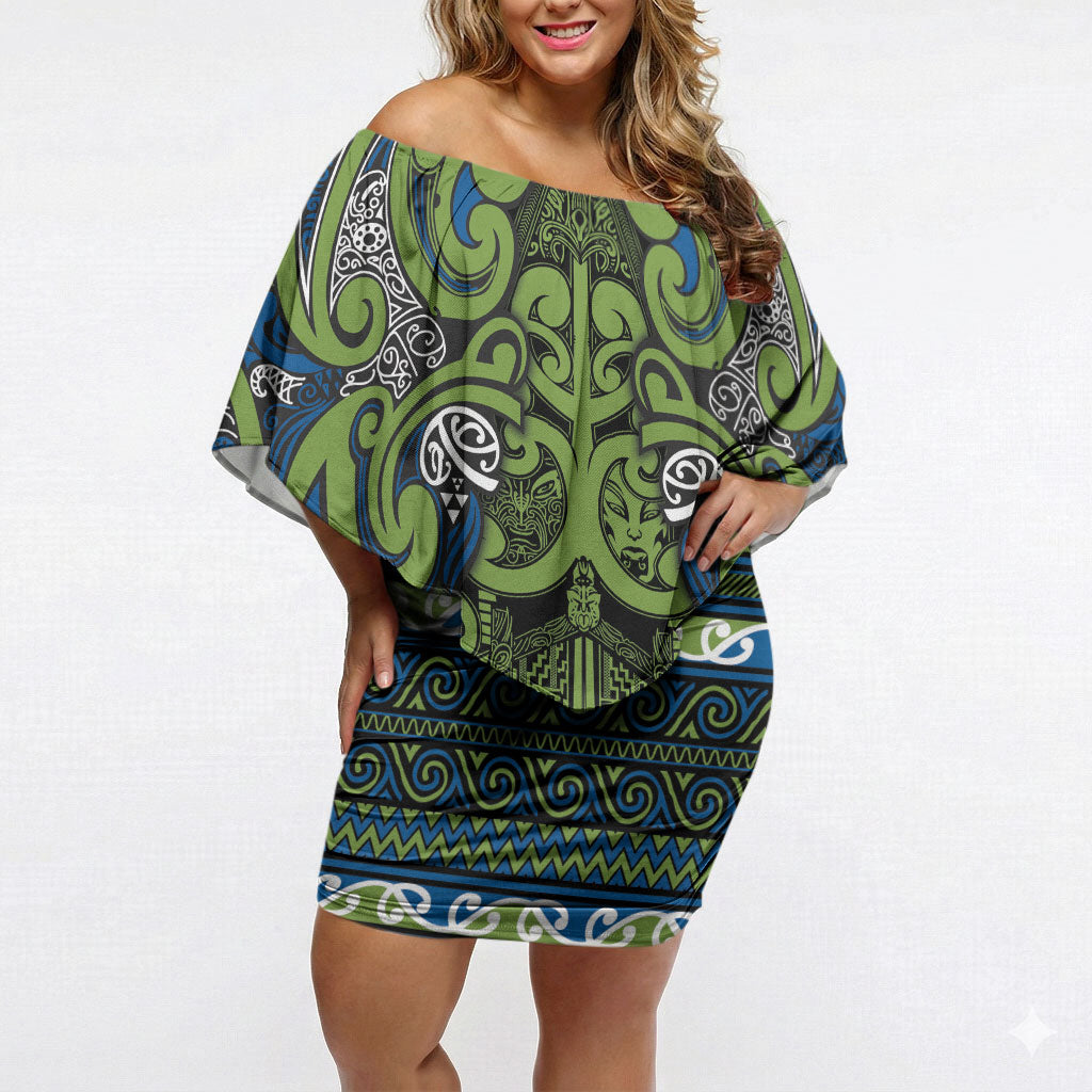 Aotearoa Iwi Whakatohea Off Shoulder Short Dress Maori Wharenui House Tribal Pattern LT9 Women Olive green - Polynesian Pride