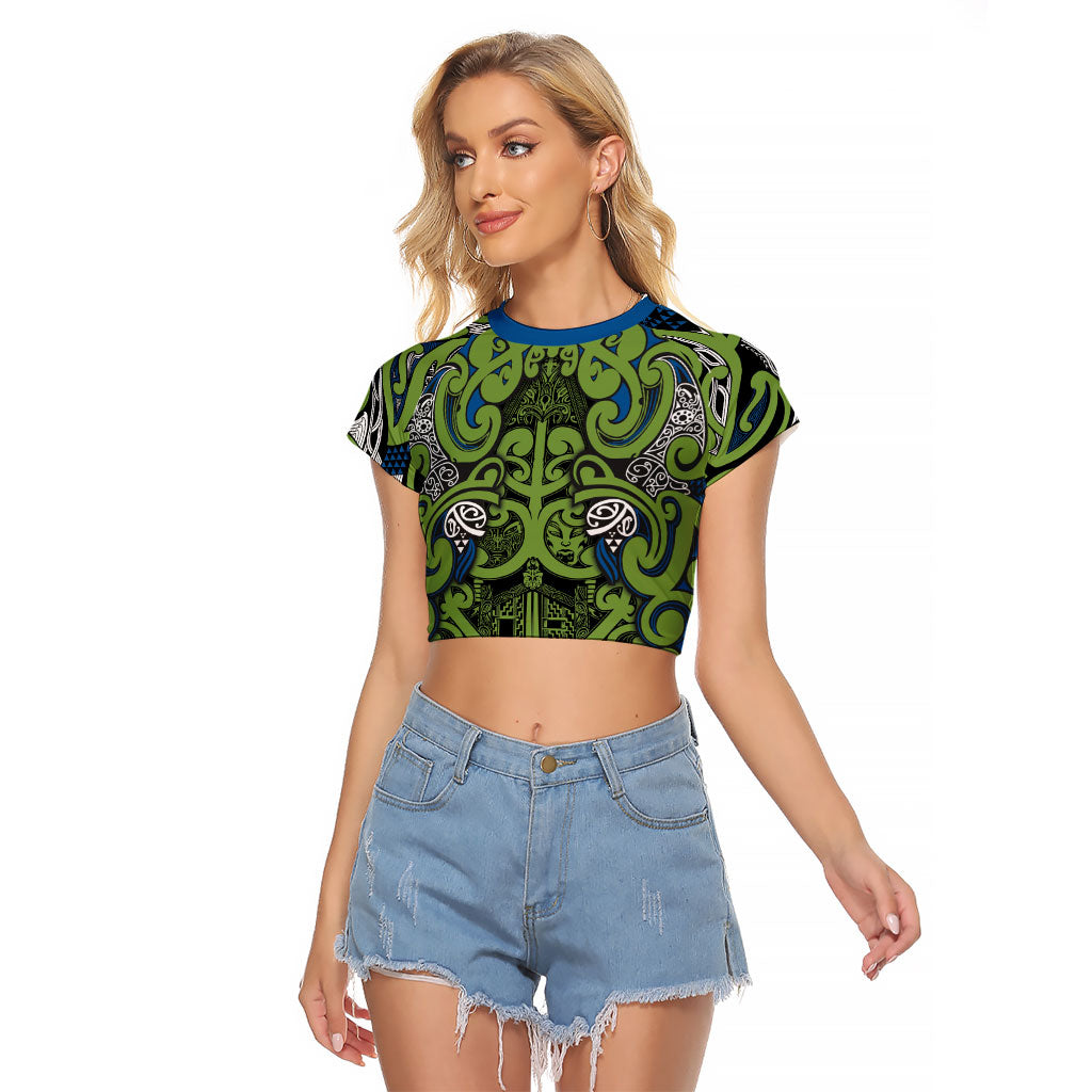 Aotearoa Iwi Whakatohea Raglan Cropped T Shirt Maori Wharenui House Tribal Pattern LT9 Female Olive green - Polynesian Pride