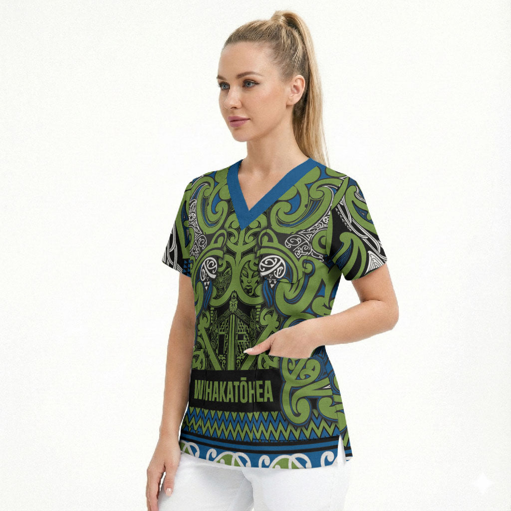 Aotearoa Iwi Whakatohea Scrub Top Maori Wharenui House Tribal Pattern LT9 - Polynesian Pride