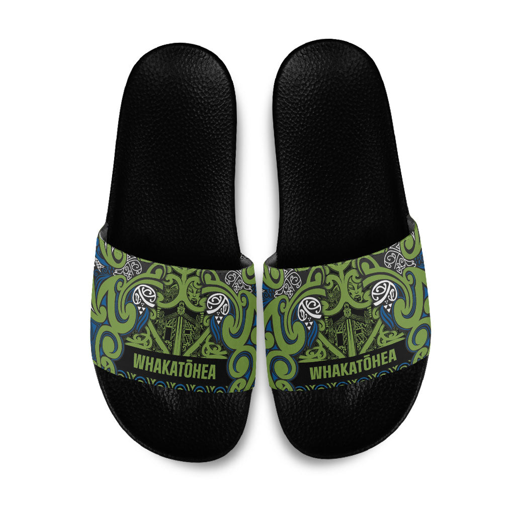 Aotearoa Iwi Whakatohea Slide Sandals Maori Wharenui House Tribal Pattern