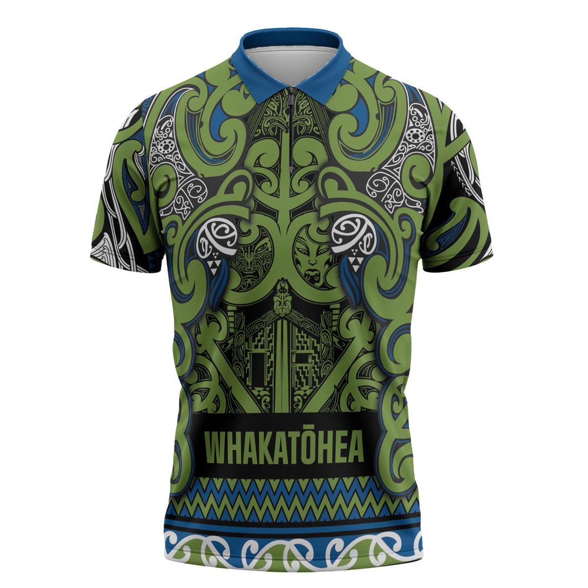 Aotearoa Iwi Whakatohea Zipper Polo Shirt Maori Wharenui House Tribal Pattern LT9 Olive green - Polynesian Pride