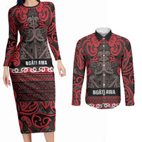 Aotearoa Iwi Ngati Awa Couples Matching Long Sleeve Bodycon Dress and Long Sleeve Button Shirt Maori Wharenui House Tribal Pattern LT9 Red - Polynesian Pride