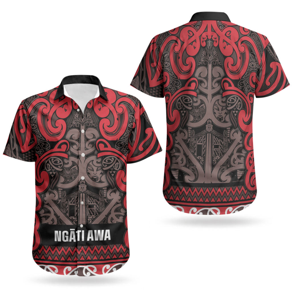 Aotearoa Iwi Ngati Awa Couples Matching Off Shoulder Short Dress and Hawaiian Shirt Maori Wharenui House Tribal Pattern LT9 - Polynesian Pride