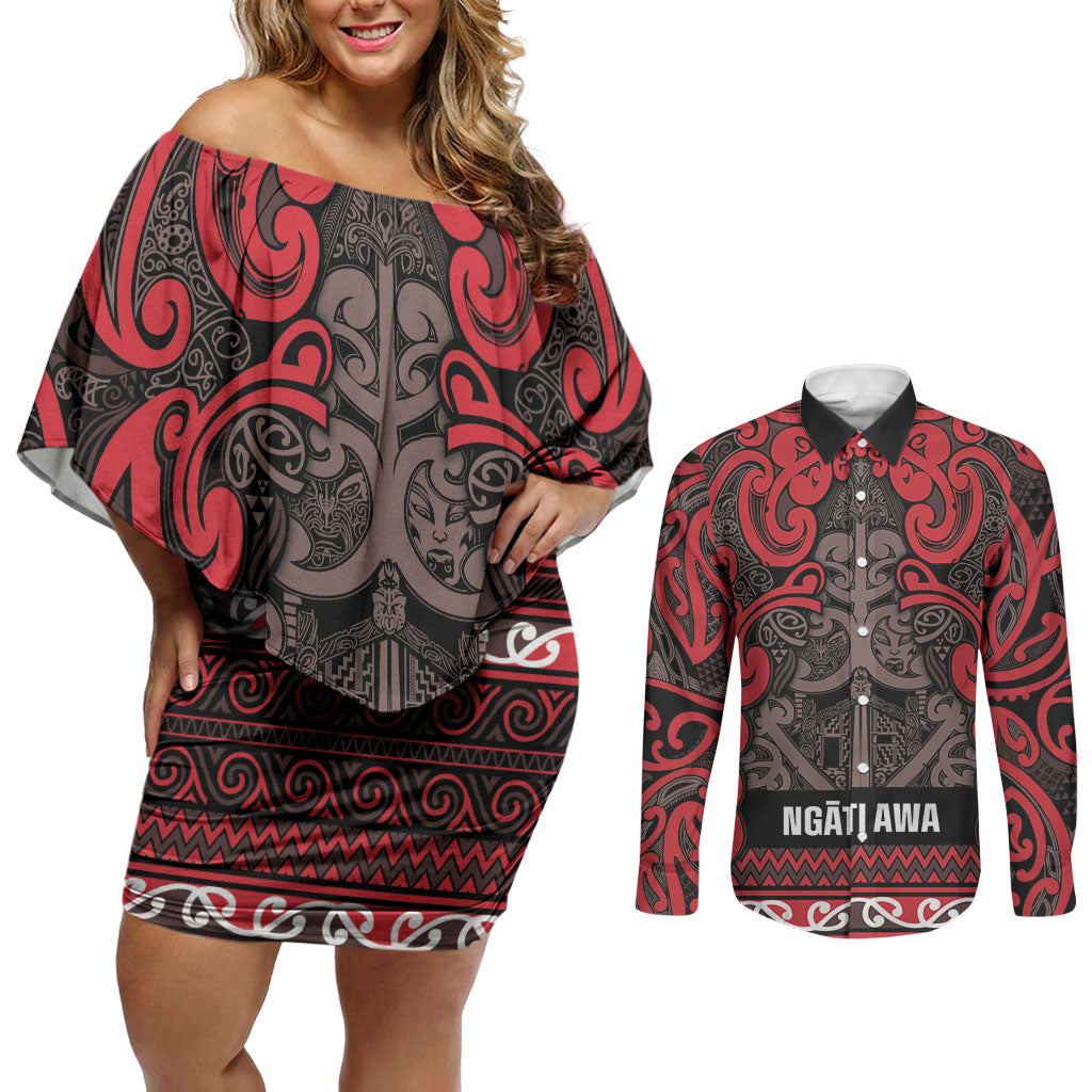 Aotearoa Iwi Ngati Awa Couples Matching Off Shoulder Short Dress and Long Sleeve Button Shirt Maori Wharenui House Tribal Pattern LT9 Red - Polynesian Pride