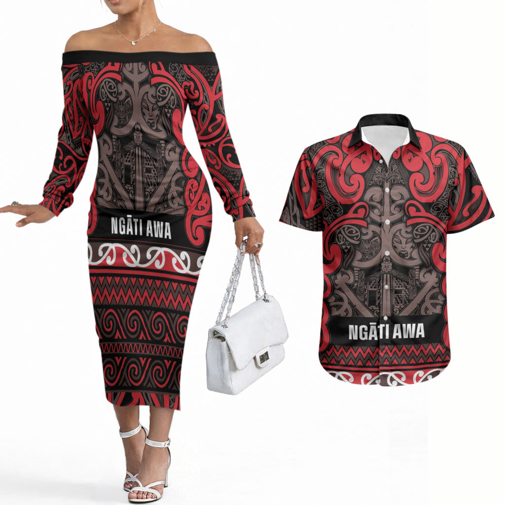 Aotearoa Iwi Ngati Awa Couples Matching Off The Shoulder Long Sleeve Dress and Hawaiian Shirt Maori Wharenui House Tribal Pattern LT9 Red - Polynesian Pride