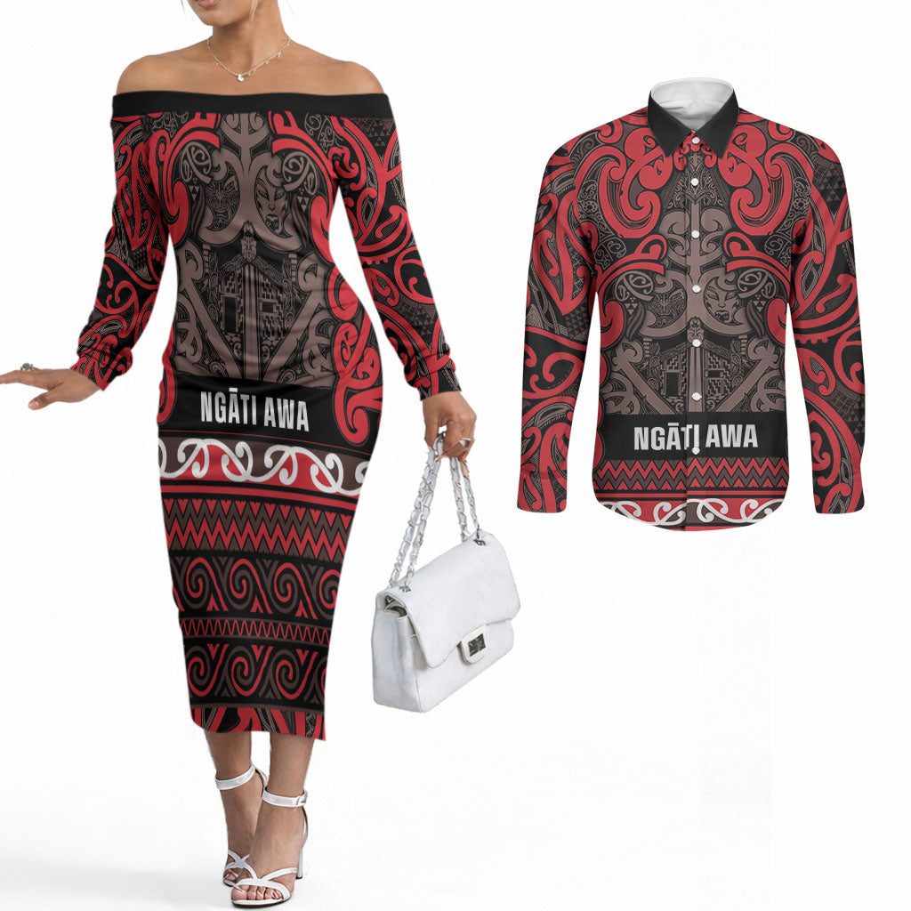 Aotearoa Iwi Ngati Awa Couples Matching Off The Shoulder Long Sleeve Dress and Long Sleeve Button Shirt Maori Wharenui House Tribal Pattern LT9 Red - Polynesian Pride
