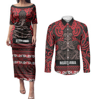Aotearoa Iwi Ngati Awa Couples Matching Puletasi and Long Sleeve Button Shirt Maori Wharenui House Tribal Pattern LT9 Red - Polynesian Pride