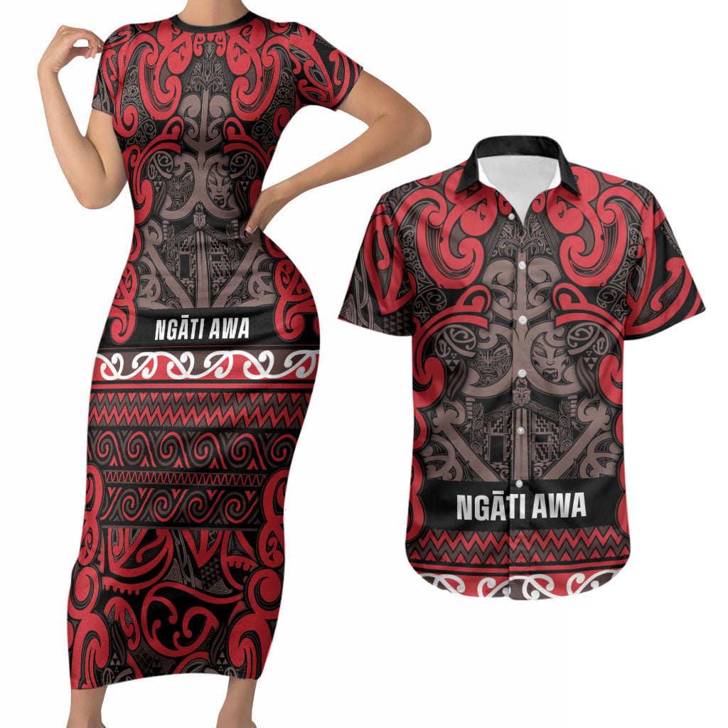 Aotearoa Iwi Ngati Awa Couples Matching Short Sleeve Bodycon Dress and Hawaiian Shirt Maori Wharenui House Tribal Pattern LT9 Red - Polynesian Pride