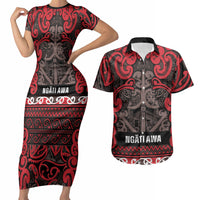 Aotearoa Iwi Ngati Awa Couples Matching Short Sleeve Bodycon Dress and Hawaiian Shirt Maori Wharenui House Tribal Pattern LT9 Red - Polynesian Pride