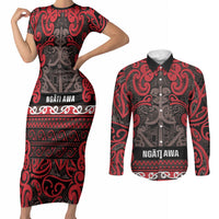 Aotearoa Iwi Ngati Awa Couples Matching Short Sleeve Bodycon Dress and Long Sleeve Button Shirt Maori Wharenui House Tribal Pattern LT9 Red - Polynesian Pride