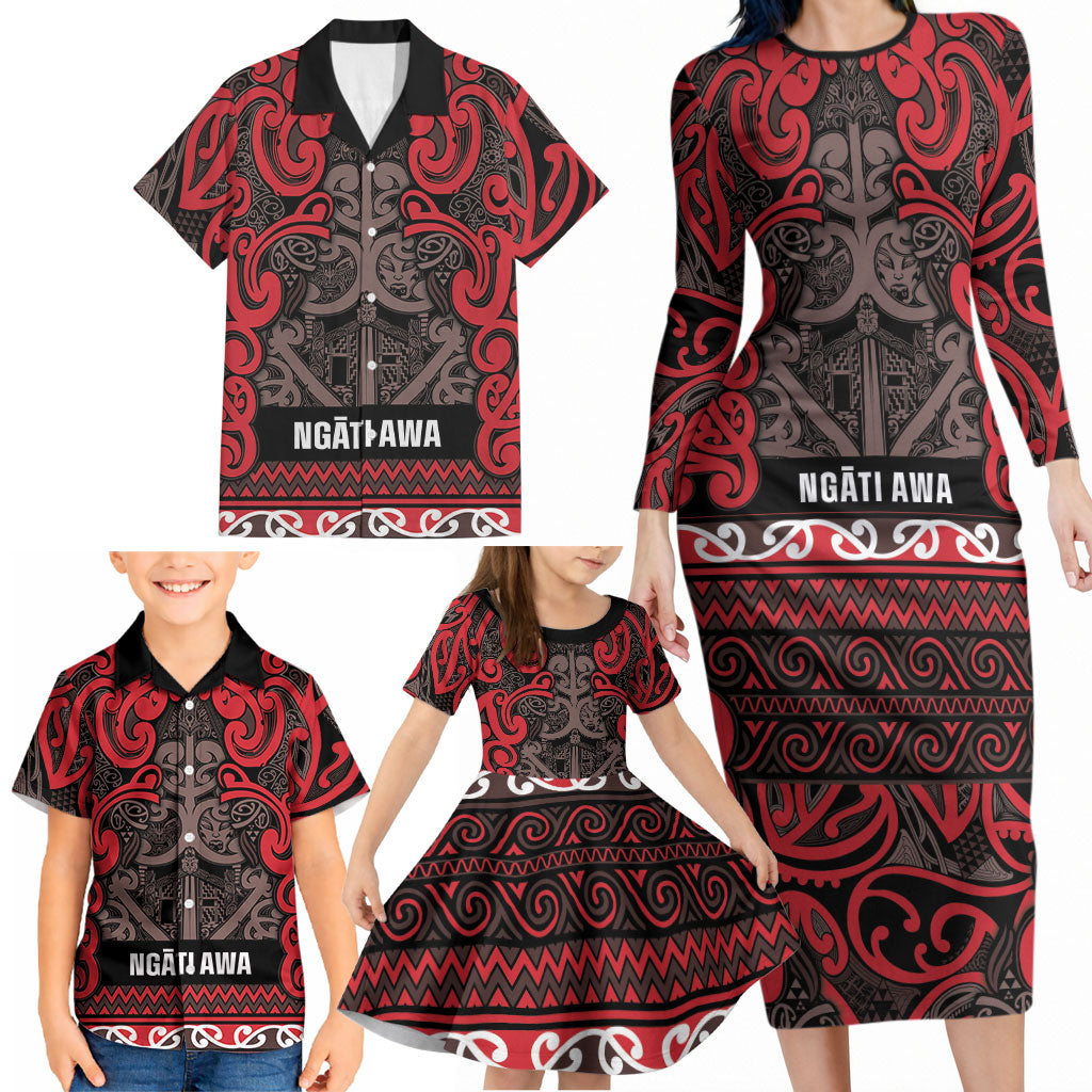 Aotearoa Iwi Ngati Awa Family Matching Long Sleeve Bodycon Dress and Hawaiian Shirt Maori Wharenui House Tribal Pattern LT9 - Polynesian Pride