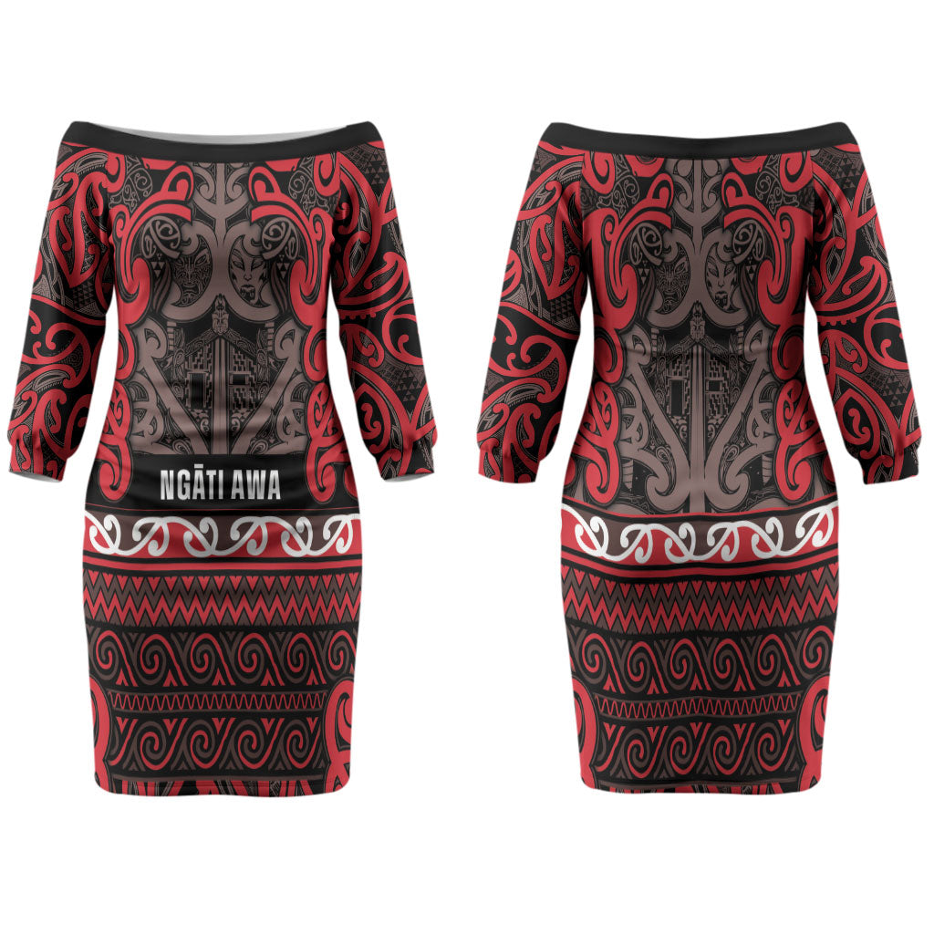 Aotearoa Iwi Ngati Awa Family Matching Off The Shoulder Long Sleeve Dress and Hawaiian Shirt Maori Wharenui House Tribal Pattern LT9 Mom's Dress Red - Polynesian Pride
