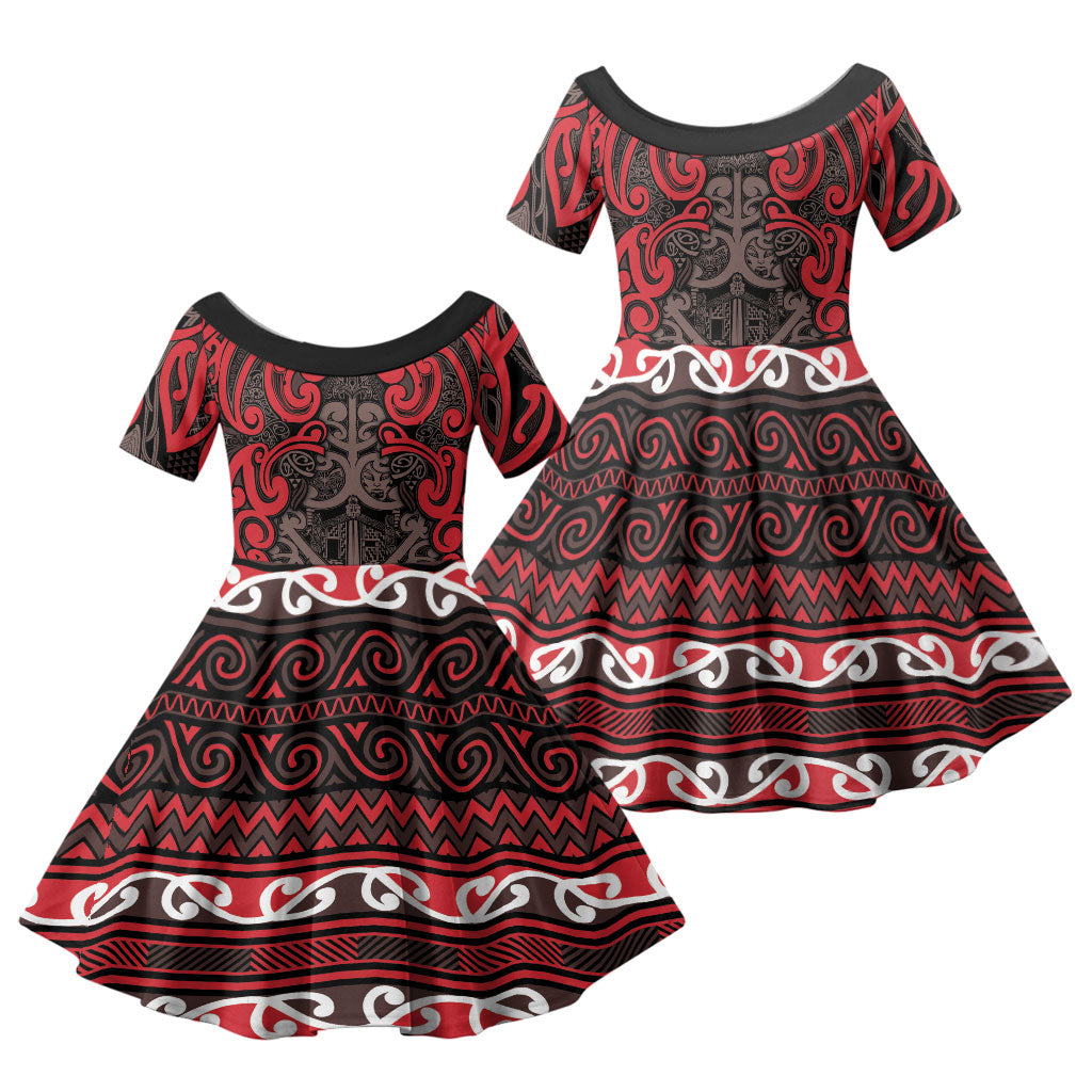 Aotearoa Iwi Ngati Awa Family Matching Off The Shoulder Long Sleeve Dress and Hawaiian Shirt Maori Wharenui House Tribal Pattern LT9 Daughter's Dress Red - Polynesian Pride