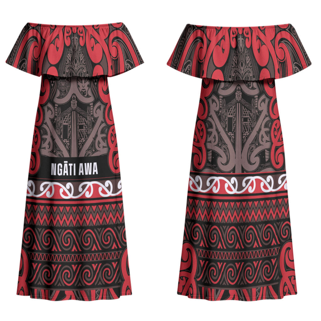 Aotearoa Iwi Ngati Awa Family Matching Off Shoulder Maxi Dress and Hawaiian Shirt Maori Wharenui House Tribal Pattern LT9 Mom's Dress Red - Polynesian Pride